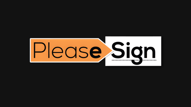 Orange and white “Please Sign” logo on a black background.