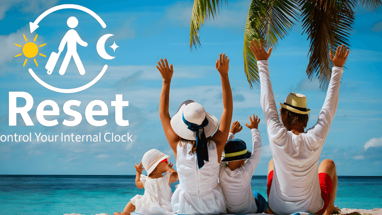 Family enjoying a sunny beach day, symbolizing Reset's mission to help travelers adapt and feel energized after jet lag.