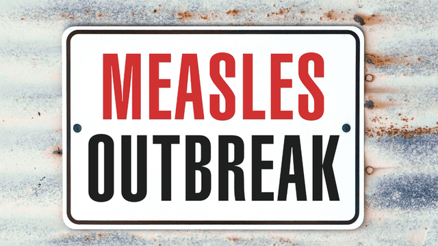 Sign reading "Measles Outbreak" against a weathered metal background.
