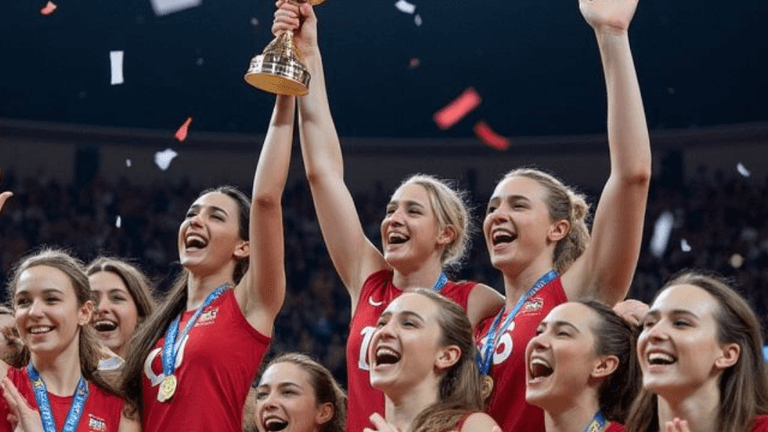 A jubilant volleyball team celebrates winning a trophy with confetti in the air