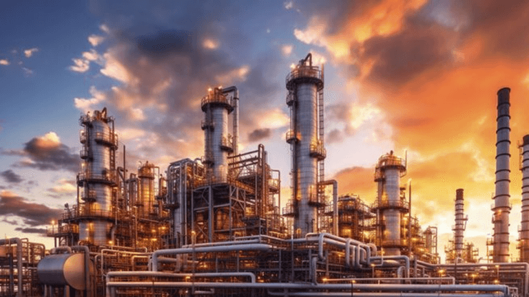 Industrial complex with tall smokestacks and pipelines against a vibrant sunset sky