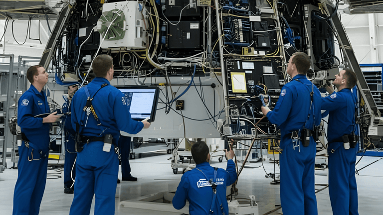 Engineers in blue uniforms work on a complex spacecraft system indoors