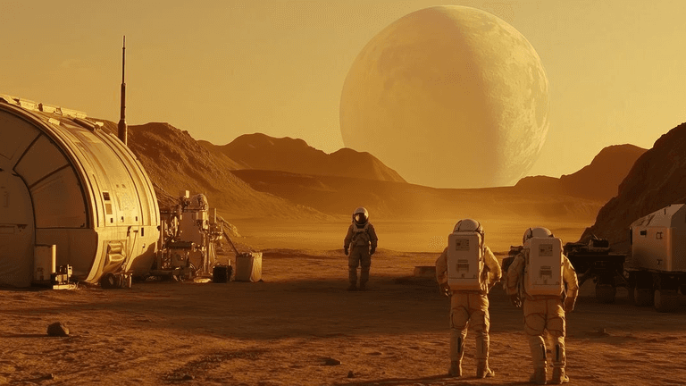 Astronauts exploring a desolate landscape with a giant planet rising in the background
