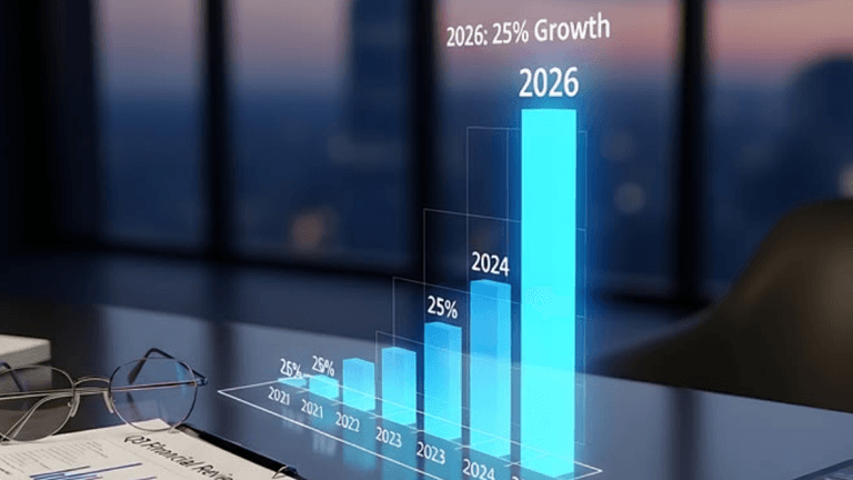 3D bar graph displaying projected growth from 2023 to 2026 in a modern office setting