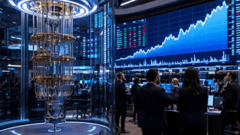 A quantum computing device displayed in a financial trading environment with stock market data