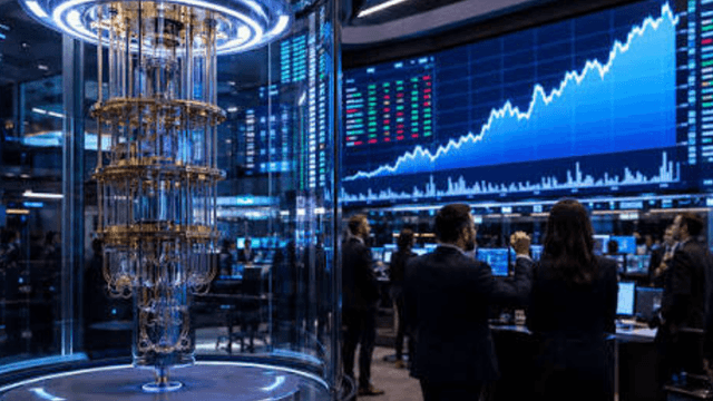 A quantum computing device displayed in a financial trading environment with stock market data