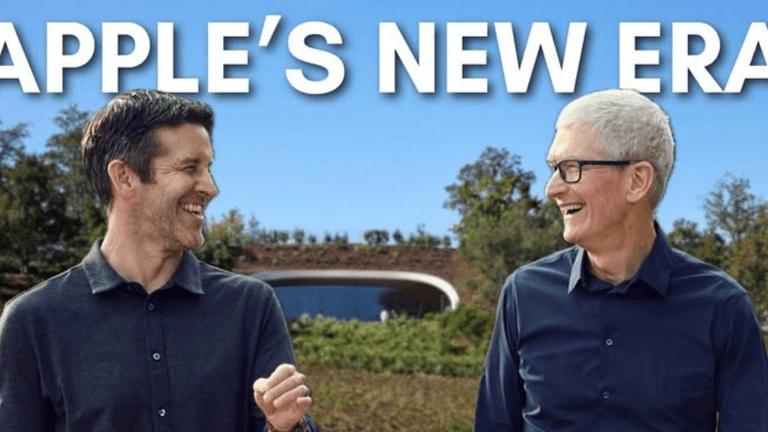 Two men smile at each other outside Apple's headquarters with "Apple's New Era" text above.