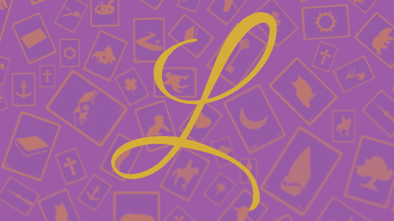 A stylized letter "L" over a background of illustrated tarot card symbols
