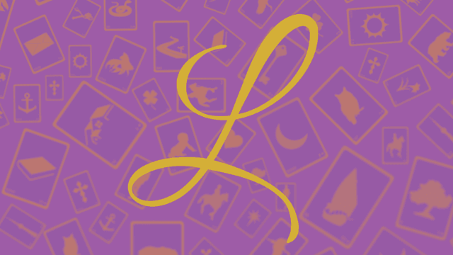 A stylized letter "L" over a background of illustrated tarot card symbols
