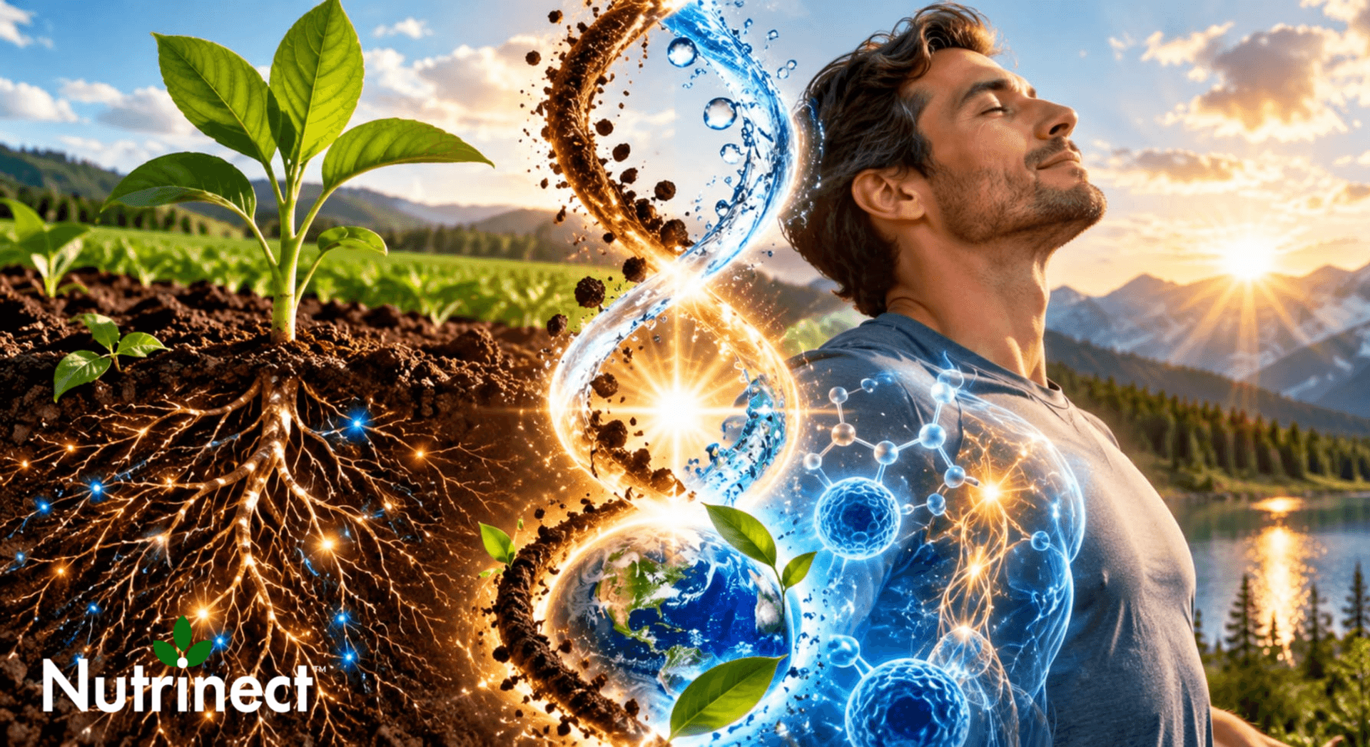 Man standing peacefully with nature background, showcasing growth, energy, and interconnectedness themes