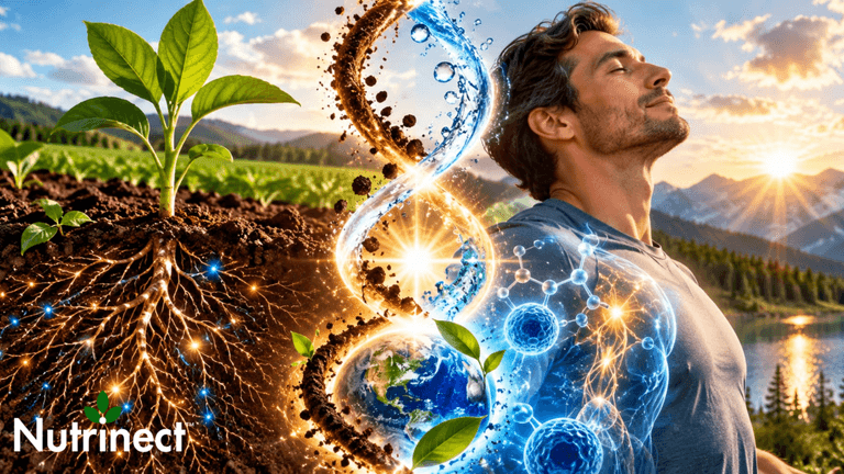 Man standing peacefully with nature background, showcasing growth, energy, and interconnectedness themes