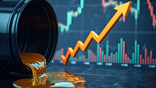 Oil spilling from a barrel with a rising arrow and stock market graphs in background