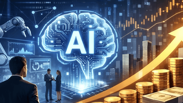 A futuristic scene depicting AI, finance growth, and technology integration with business people.