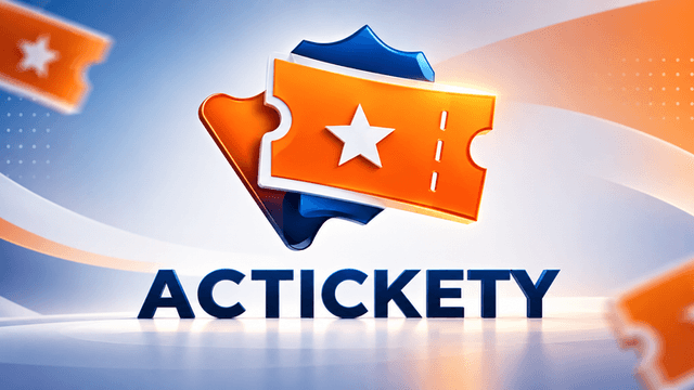 Logo design featuring two event tickets and the word Acticket under a colorful background