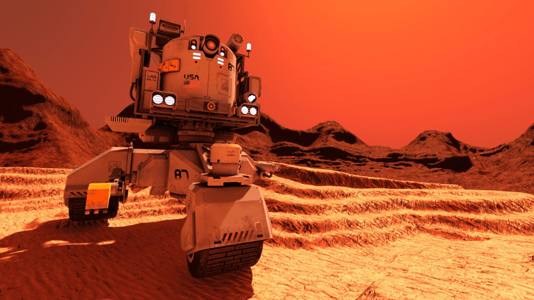 Mars rover exploring a rocky, red landscape under an orange sky