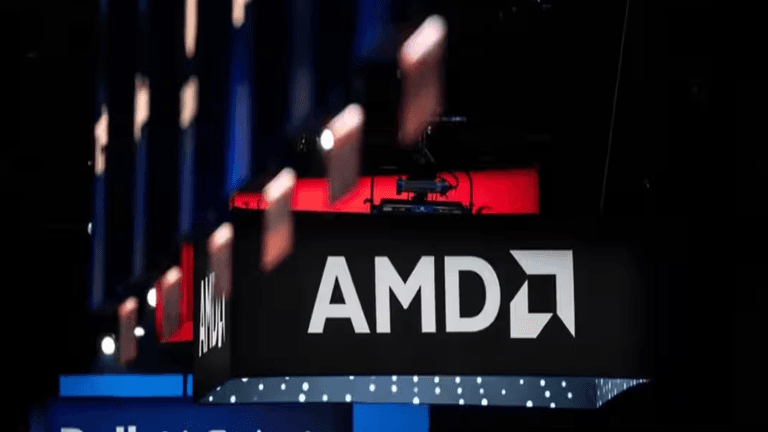 AMD logo displayed on a hanging sign at a technology event