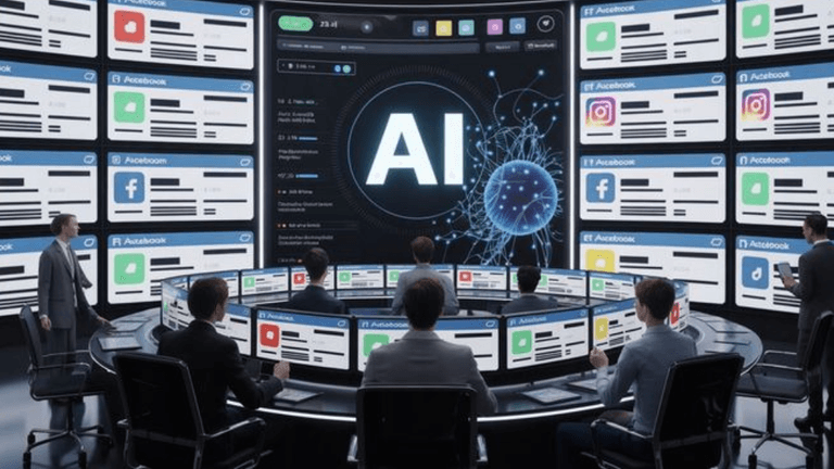 Futuristic conference room with screens displaying social media interfaces and AI network visuals