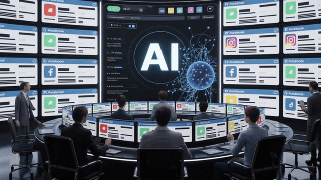 Futuristic conference room with screens displaying social media interfaces and AI network visuals