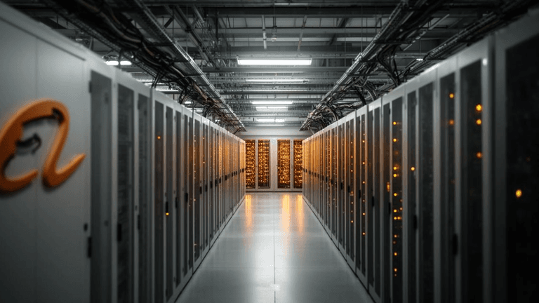 A corridor of server racks with glowing lights in a data center