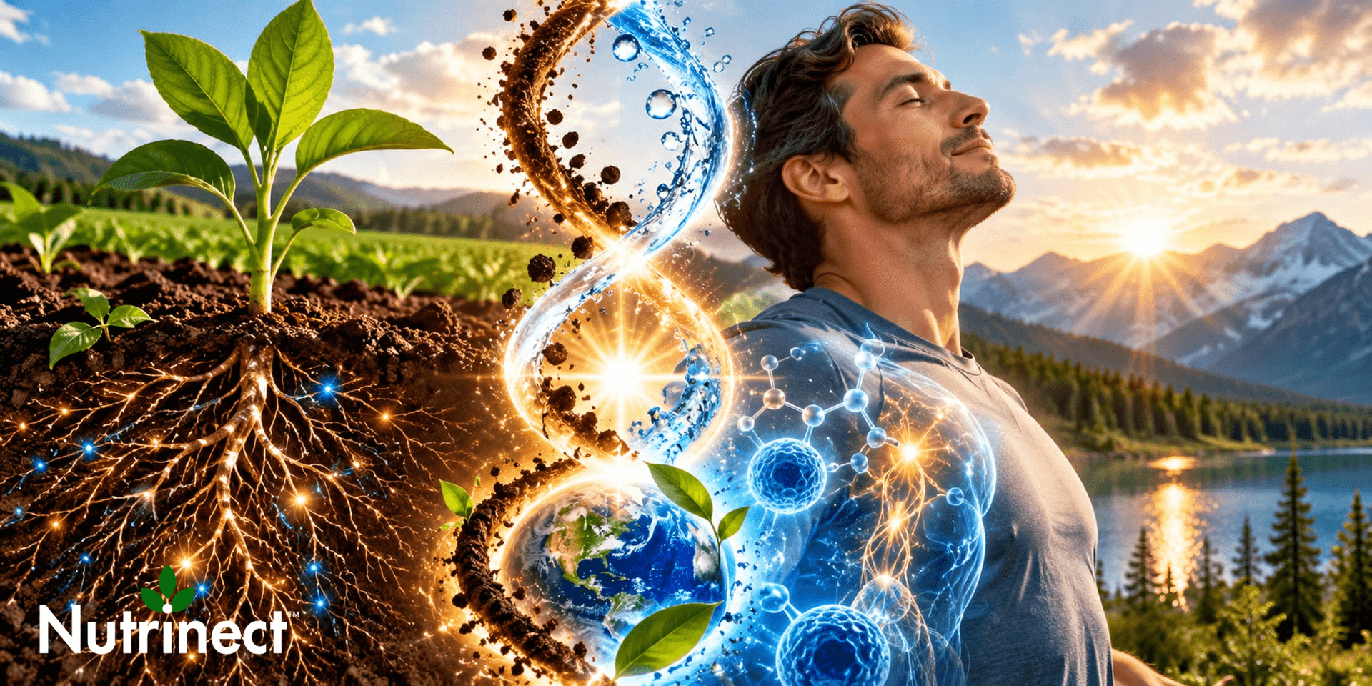Man enjoying nature with a plant and vibrant energy graphics in the background