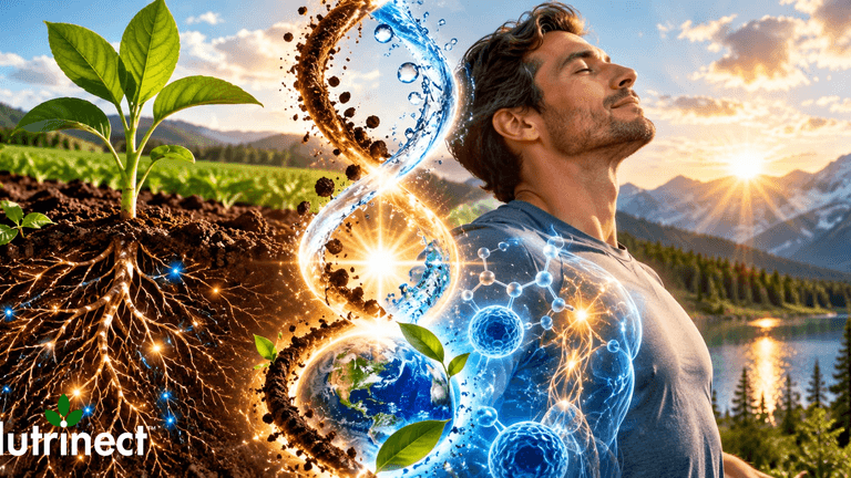 Man enjoying nature with a plant and vibrant energy graphics in the background