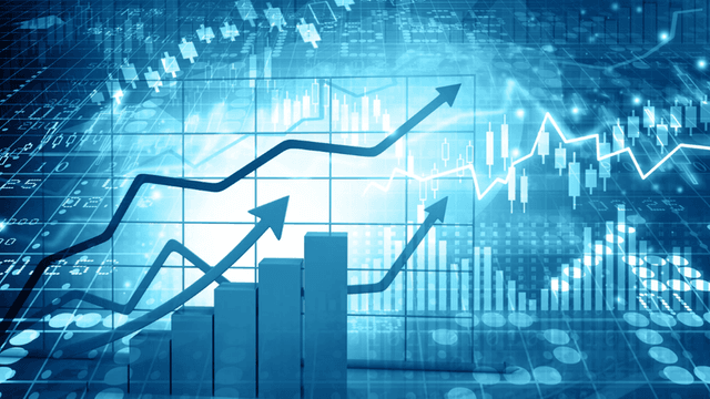 Abstract financial graphic with upward trending graphs and charts in blue colors