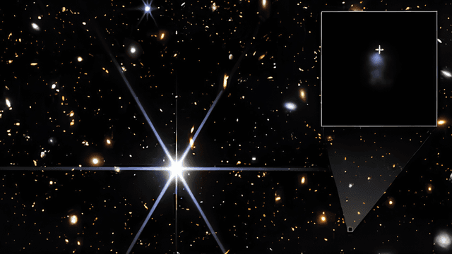Astronomical image showing a bright star and distant galaxies in the background