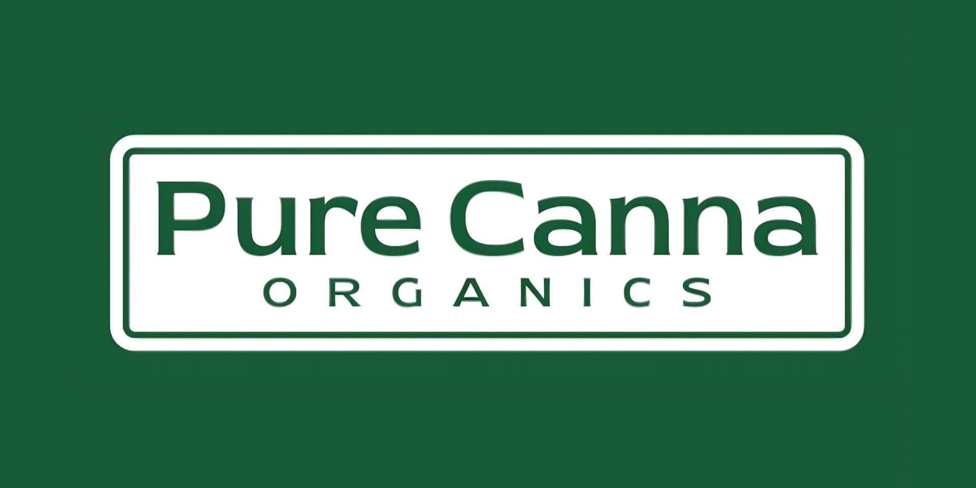 Pure Canna Organics logo on green background with white bordered sign and bold green text.