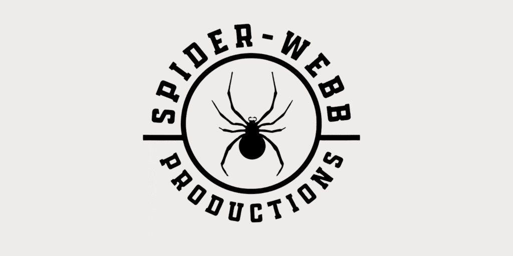 Black and white logo of Spider-Webb Productions featuring a spider in the center, with the company name "SPIDER-WEBB PRODUCTIONS" surrounding it in a circular design.