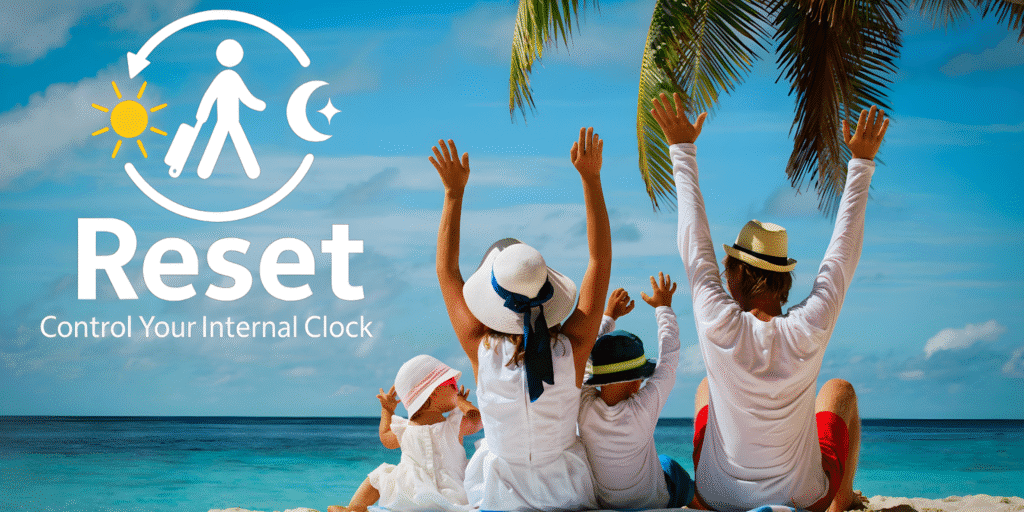 Family enjoying a sunny beach day, symbolizing Reset's mission to help travelers adapt and feel energized after jet lag.