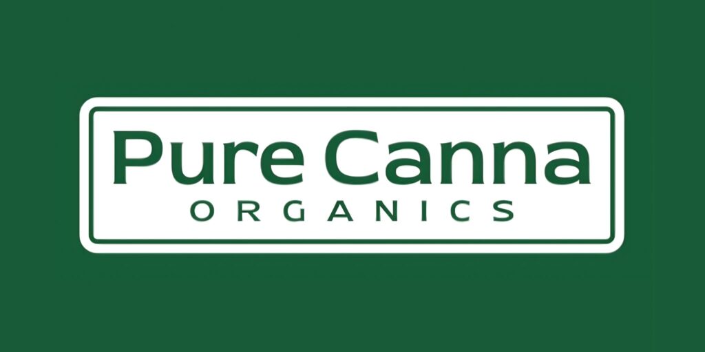 Pure Canna Organics logo on green background with white bordered sign and bold green text.